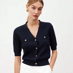 Navy Short Sleeve Cardigan with Gold Buttons